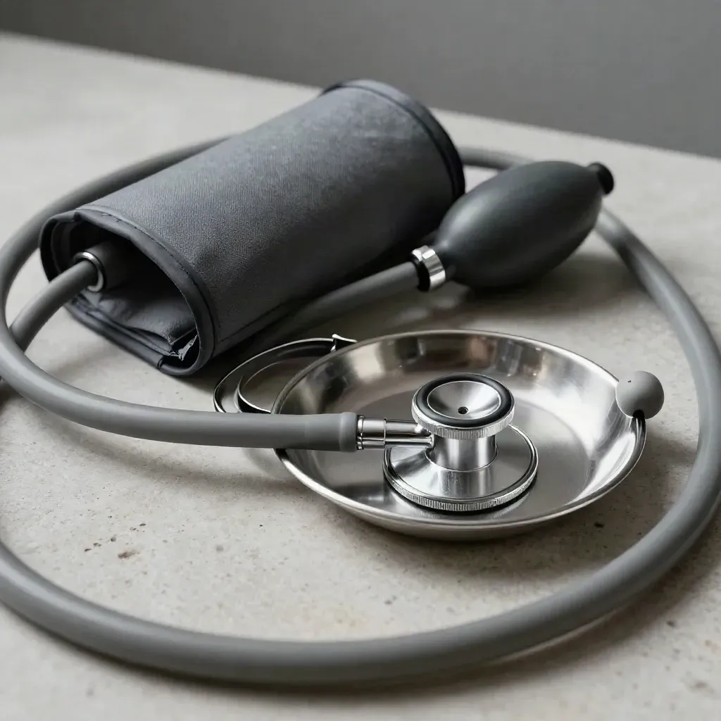 Stethoscope, blood-pressure cuff hose, and kidney dish on pale stone in dramatic healthcare still life.