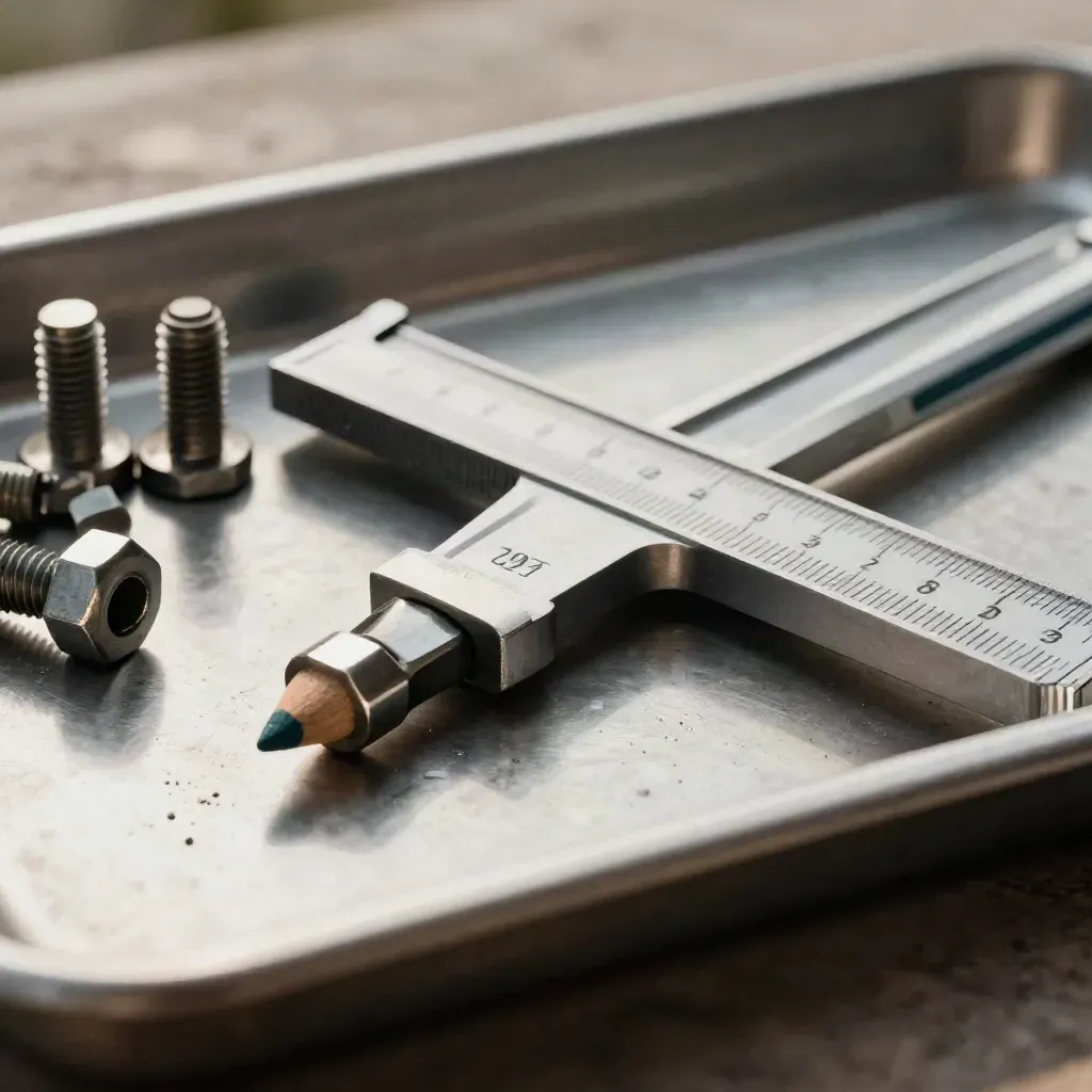 Macro still life of rail tools and hardware on brushed metal with a teal gauge edge.