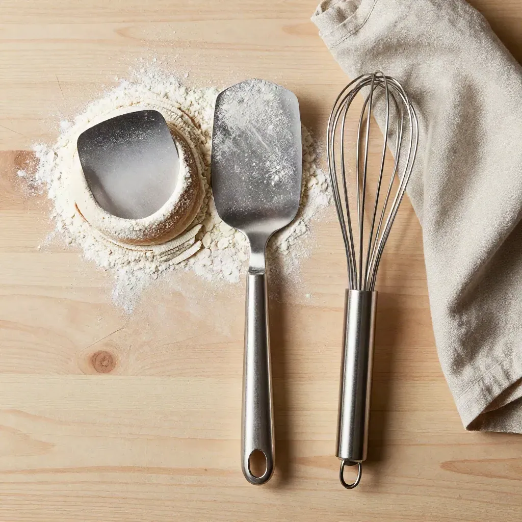 Pastry ring, dough scraper, whisk and linen on pale wood, top-down with soft steam.