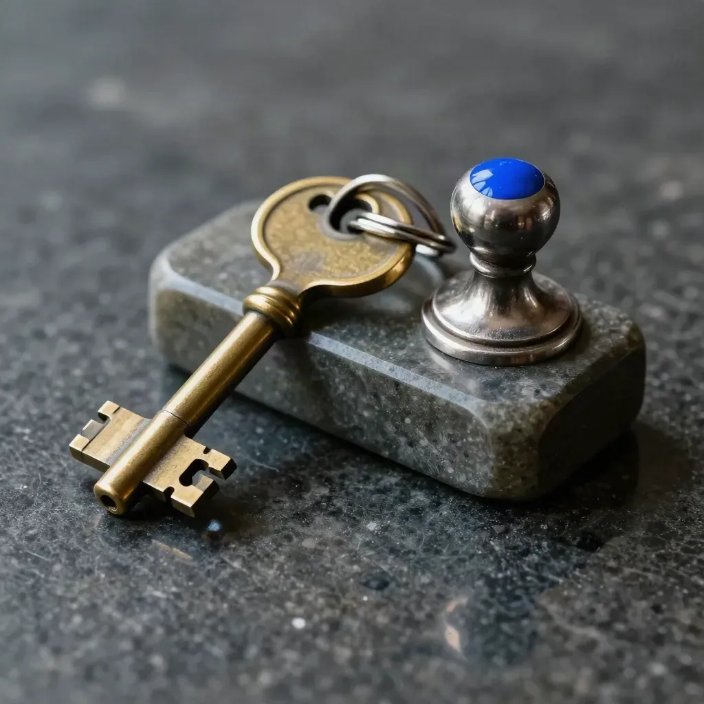 Vault key, brass ring, paperweight, and seal press on dark stone with soft daylight.