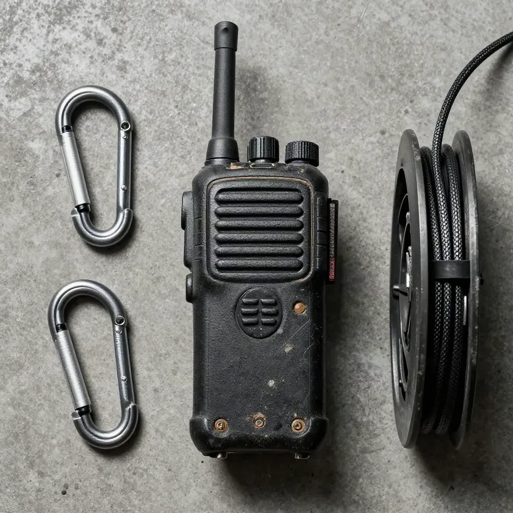 Overhead still life of a rugged radio, multitool, carabiner and cable spool on concrete in workshop haze.