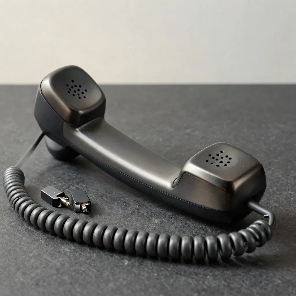 Desk handset half in its cradle with coiled cord and adapter plugs on graphite stone.