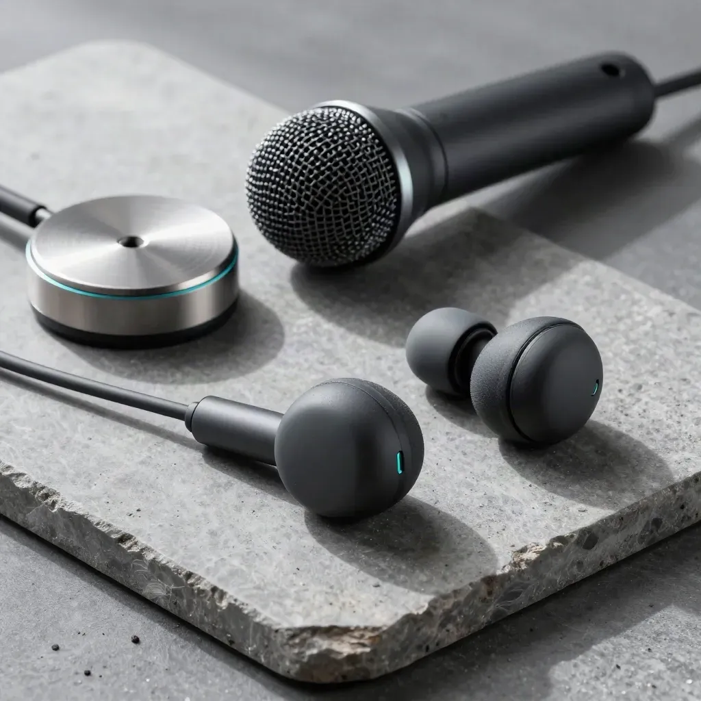 Top-down still life of two wireless headsets, charging puck and desk mic on cool stone.