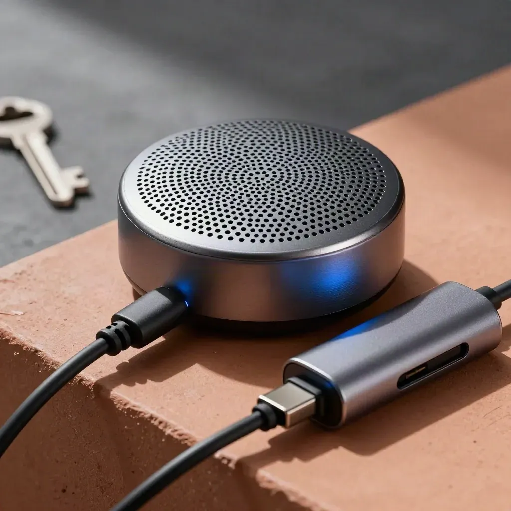Conference speakerphone puck, USB-C hub and cable wrap on a terracotta stone slab.