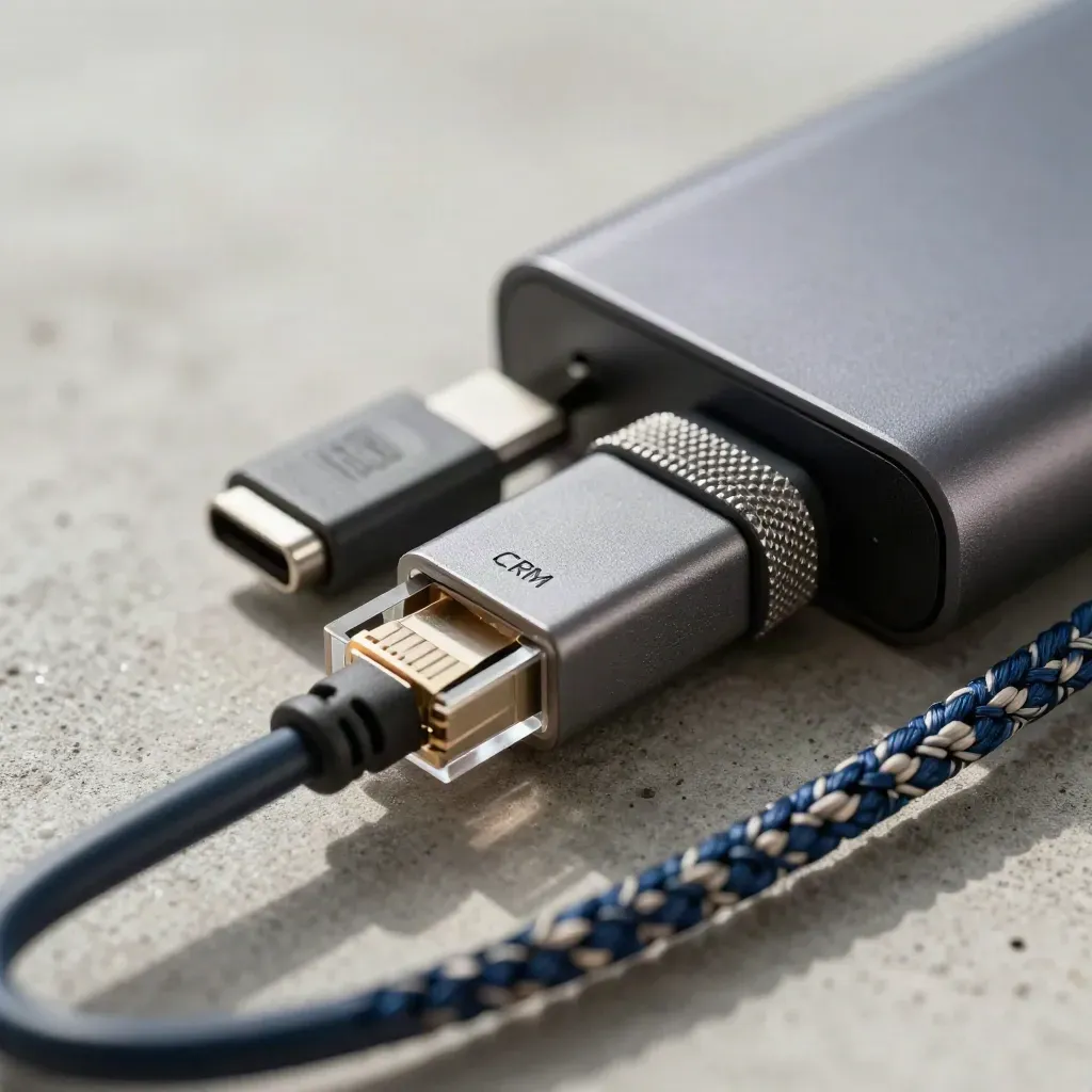 USB-C dock, ethernet adapter and braided patch lead aligned on a concrete surface.