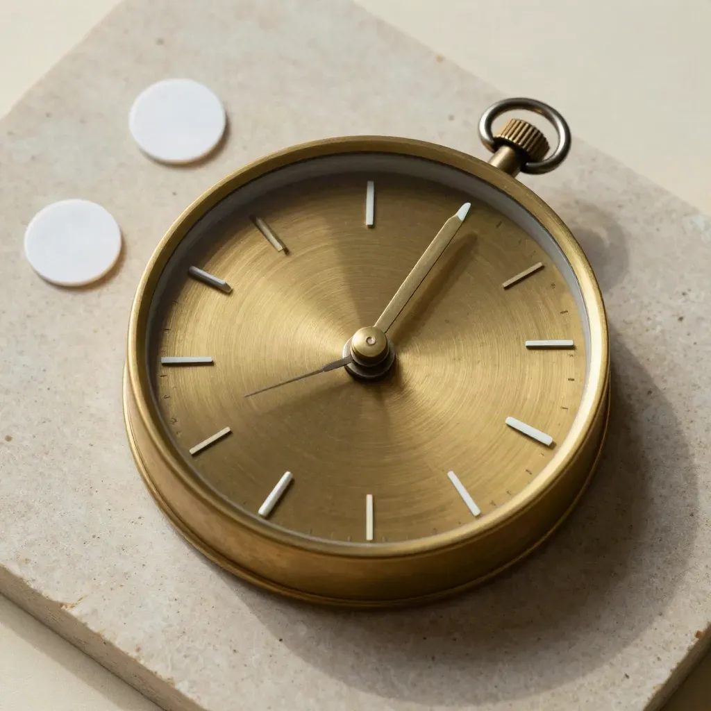Brass clock with split ring and white marker discs on limestone