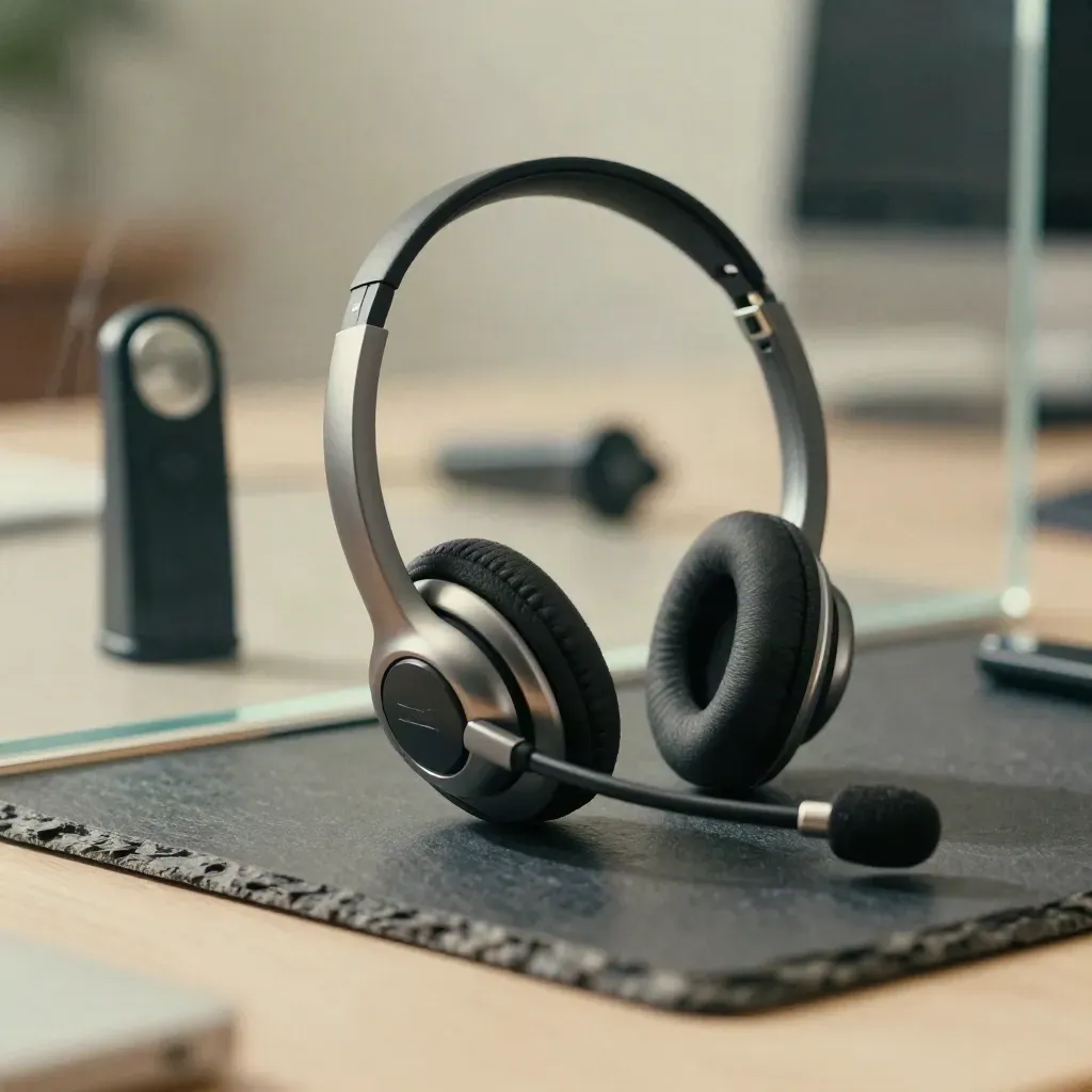 Sales headset, clicker, and handset behind frosted glass, dramatic studio still life.