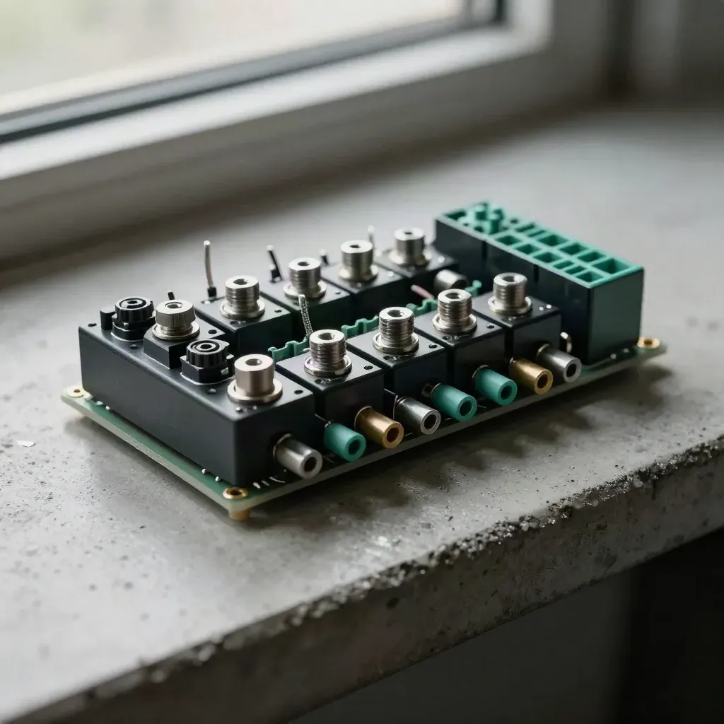 Industrial relay module and switch bank beside a terminal block on concrete.