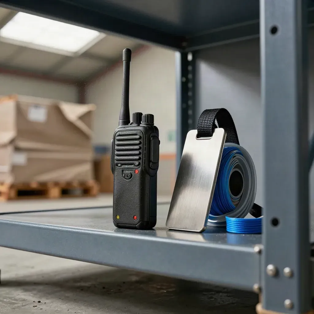 Low-angle warehouse still life with a two-way radio, lanyard clip and cable-tie spool beside shelving.