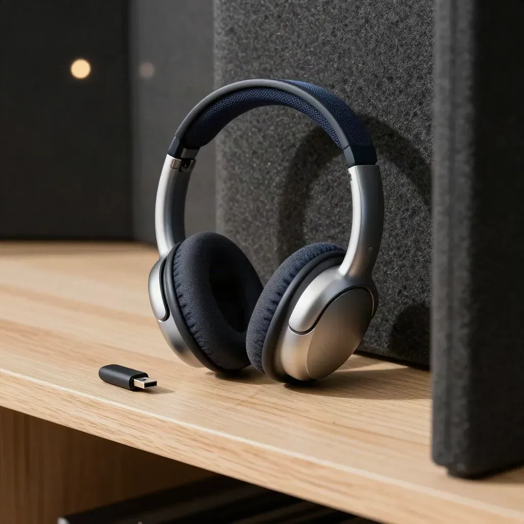 Support headset with spare ear cushions and USB dongle by an acoustic partition