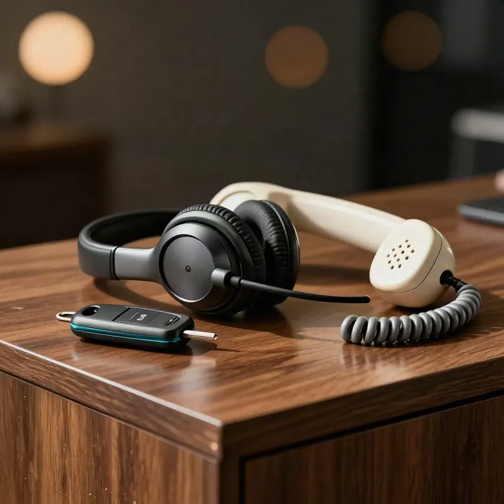 Headset, key fob, and handset on warm walnut with teal accent and dark bokeh background.