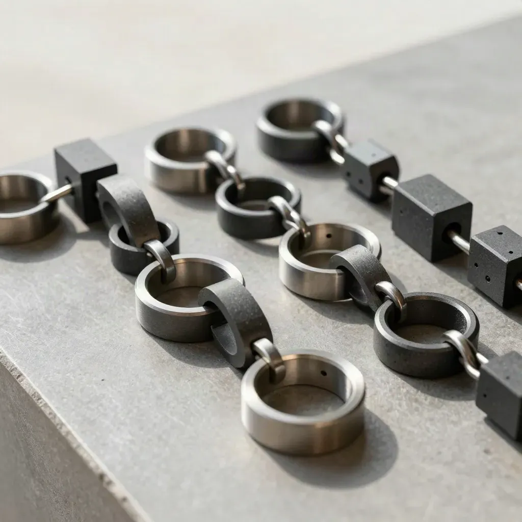 Overhead close-up of machined rings and modular couplers on a pewter stone surface.