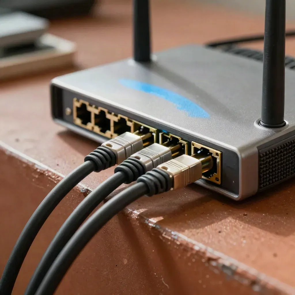 Macro of router, patch leads and support radio on terracotta ledge with dark bokeh
