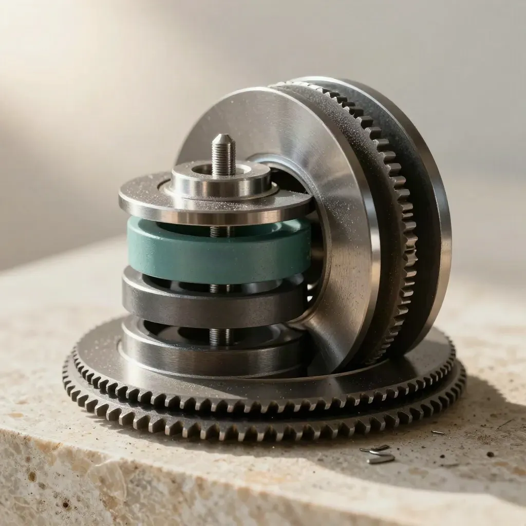 Stacked machined gear discs and spacer rings lit by soft daylight on a limestone plinth.