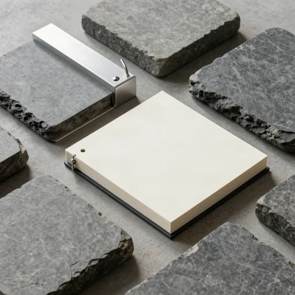 Stone blocks, aluminium dividers, and a closed binder arranged in a neat grid on concrete.