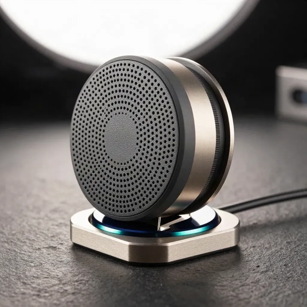 Macro of a speaker puck, ring clamp, and docking block on dark stone, ready to connect.